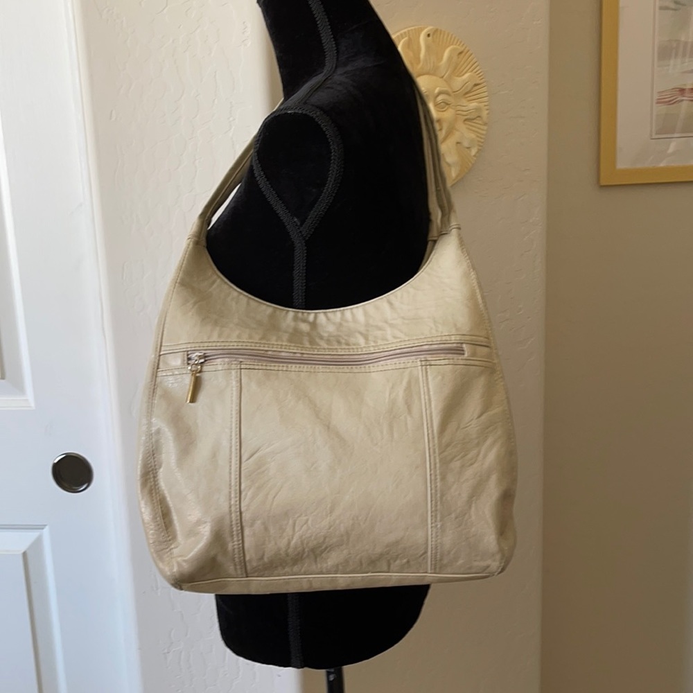 Vintage Leather Look Taupe Over The Shoulder Purse
